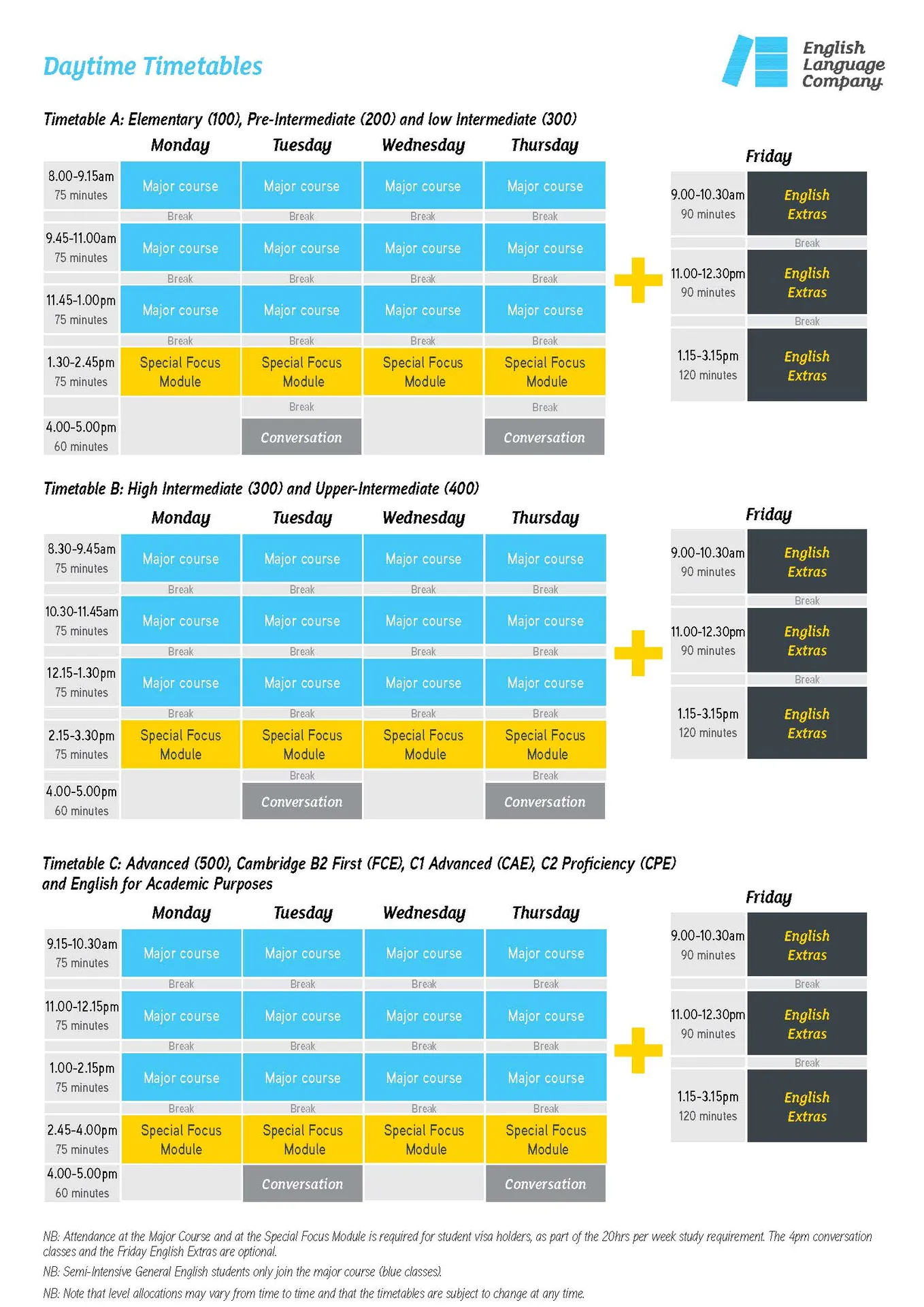 ELC Day and Evening Timetables
